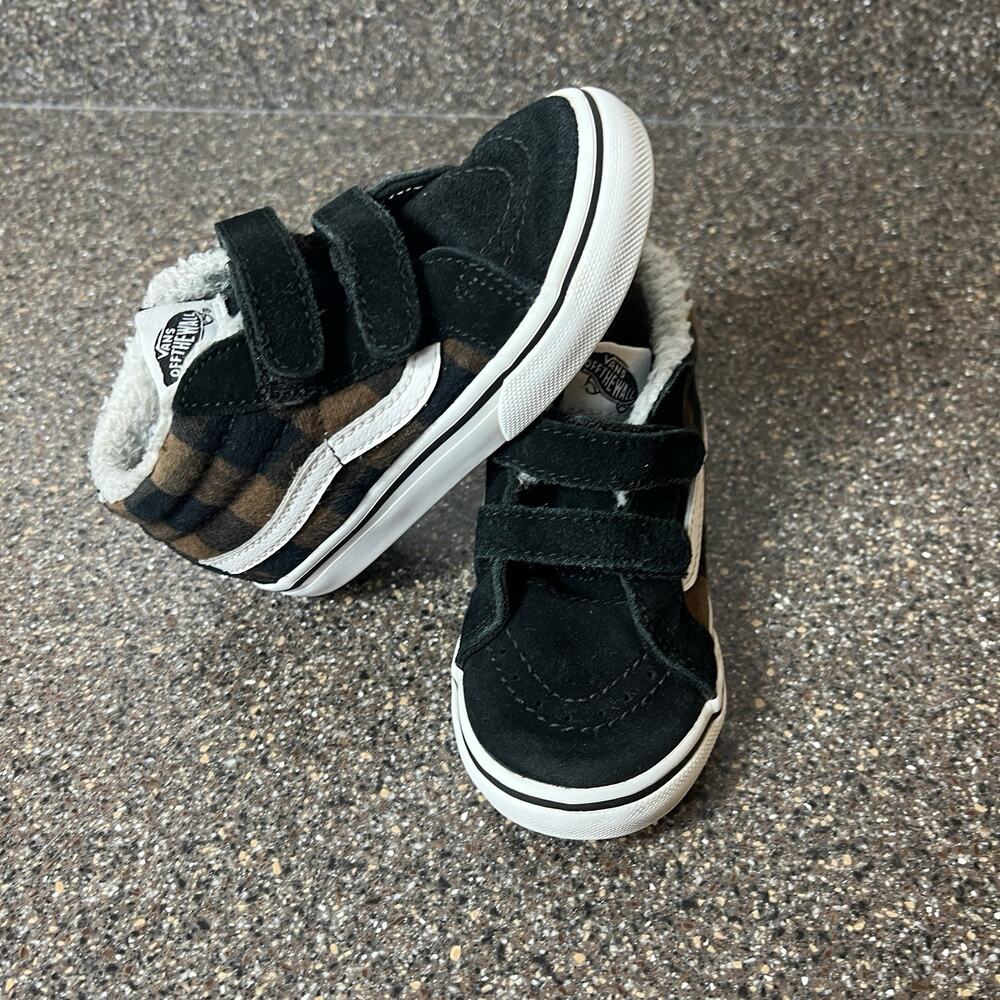 Vans Little Kids Toddler 8.5 Black Plaid Suede/Canvas Sneaker Snap Mid Top Lined